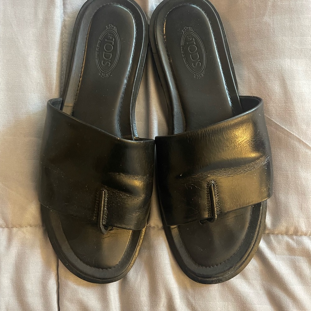 Tods Black Leather Slide Sandals 8.5